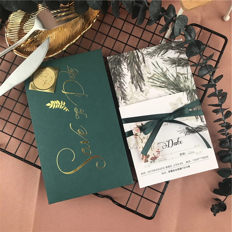 

2019 New Green Traditional Invitations Customized With Tags Waist Cards Invitations Cards +Tags Vintage Greeting Card Kit Supply