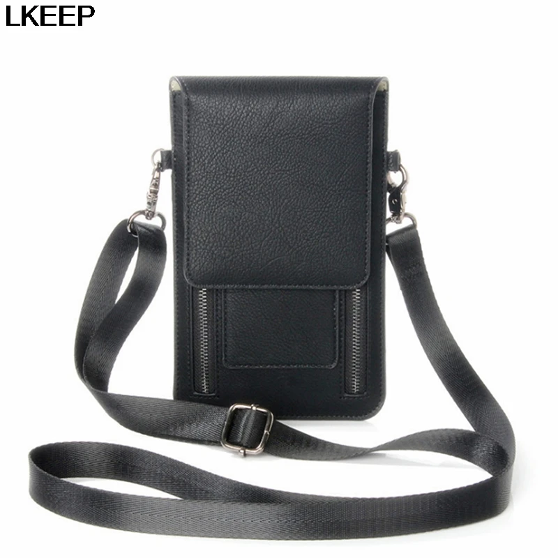 

PU Leather Woman Men Solid Phone Bags Earphone Pack Double Zipper Crossbody Bag Fashion Travel Outdoor Sport Shoulder Bag