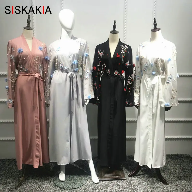 

Siskakia Chic Lace Mesh Patchwork Embroidery Cardigan Abaya For Women Middle East Turkish 3D Flower Pompom Muslim Robe Slim Sash