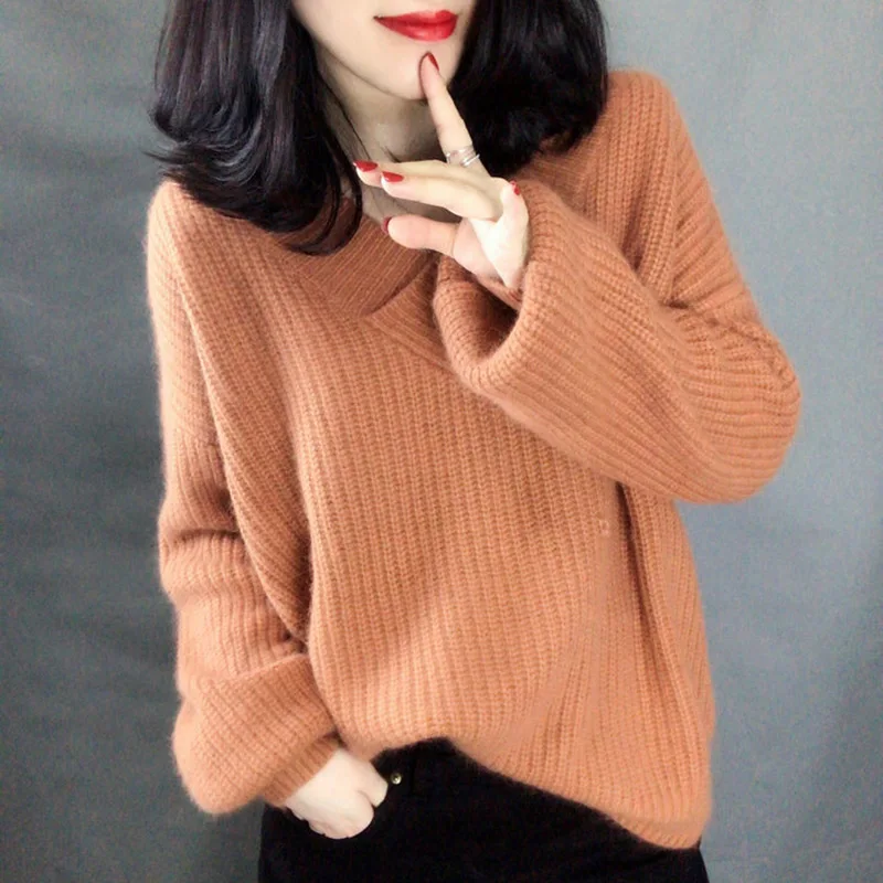 Winter Cashmere V-neck Pullovers Women Sweaters Mohair Knited Warm Thick Loose Lantern Sleeve Fashion Ribbed Tops jersey mujer Winter Cashmere V-neck Pullovers Women Sweaters Mohair Knited Warm Thick Loose Lantern Sleeve Fashion Ribbed Tops jersey mujer