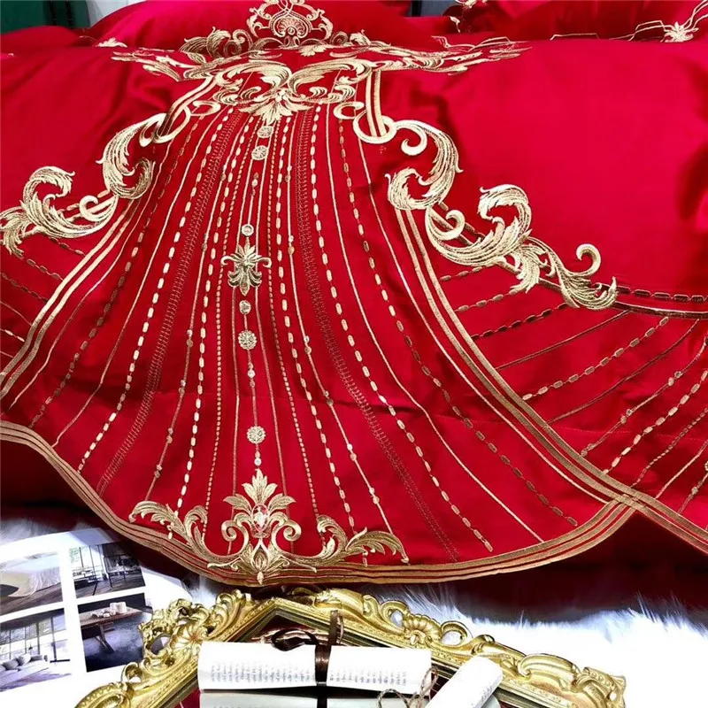 Роскошный золотой Королевский вышивка зеленый синий красный Египетский хлопок Свадебный комплект постельного белья пододеяльник простыня постельное белье Наволочка