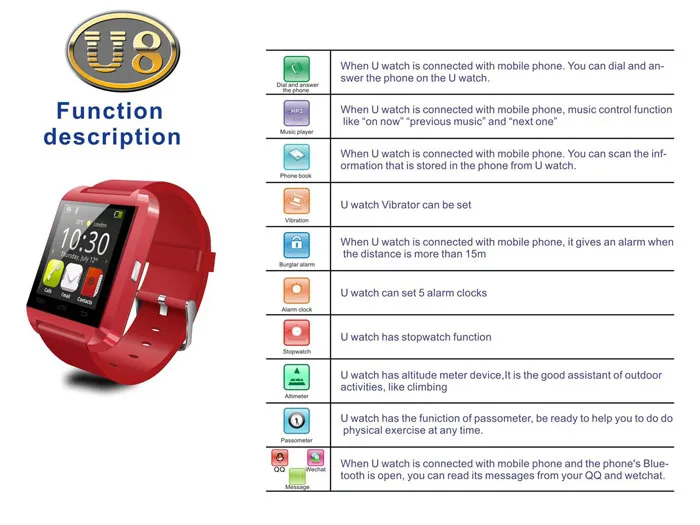 U8 Smartwatch Bluetooth Watch Passometer Touch Screen Answer and Dial the Phone