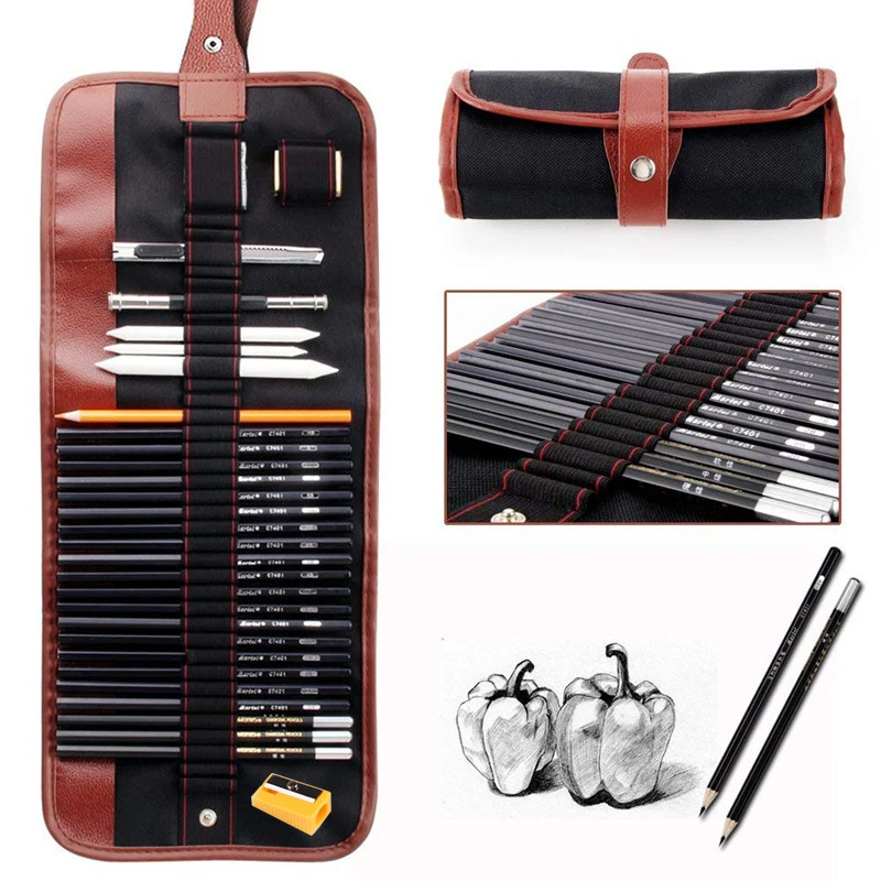 Billig 31 teile satz Tragbare outdoor zeichnung kunst liefert Skizze Bleistifte fall Holzkohle Radiergummi Cutter Kit Tasche Kunst Handwerk Für Zeichnung Werkzeuge