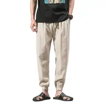 Плюс размер сплошной цвет мужские лодыжки галстук шаровары повседневное хлопковое белье брюки