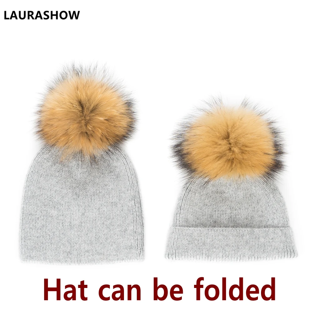 Online Gorra de lana para dormir con pompones de pelo auténtico de 15 16cm para Otoño Invierno 2019