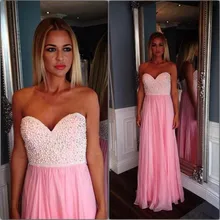 Sexy Pink Long Evening font b Dress b font 2017 Beaded Pearls Sweetheart Neckline Vestido De