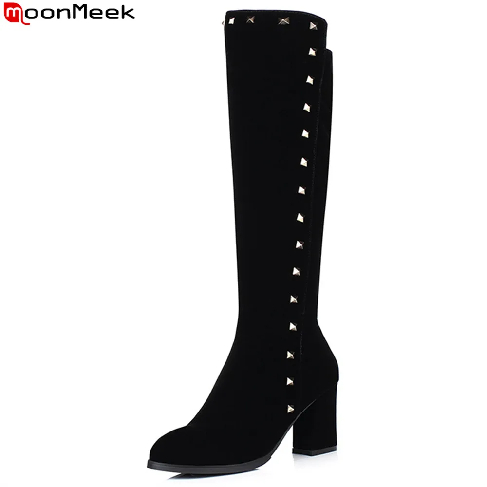 

MoonMeek hot sale new arrive women boots black flock zipper ladies boots pointed toe square heel knee boots rivet