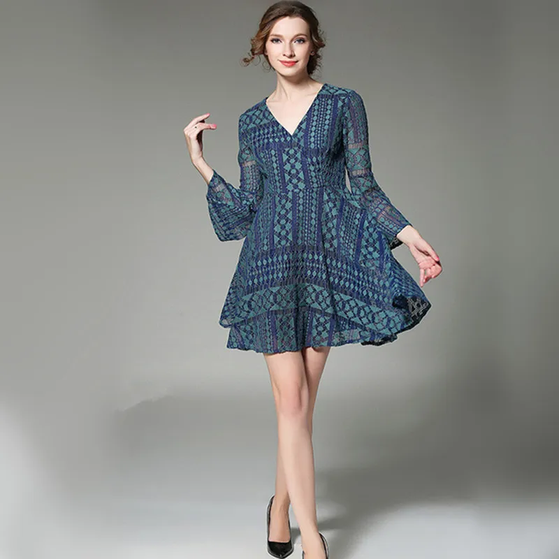 Summer Hollow Out Lace Deep V Neck Women Mini Dress Flare Long Sleeve Blue A Line Sexy Female 