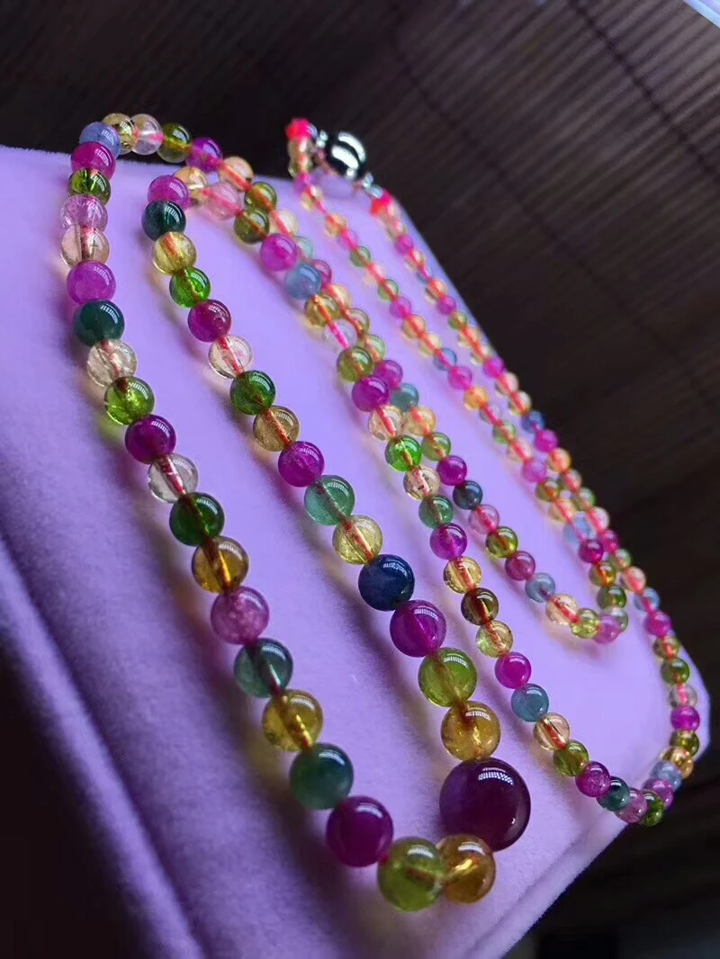 

Genuine Natural Colorful Tourmaline Quartz 4-9mm Crystal Necklace Clear Round Beads Stretch Necklace Woman AAAAA
