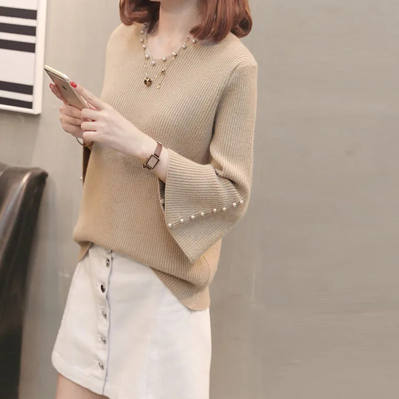 

Female Autumn Winter Loose Knitted Korean Sweaters Women V-neck Beading Flare Sleeve Pullovers Solid Color Jumper