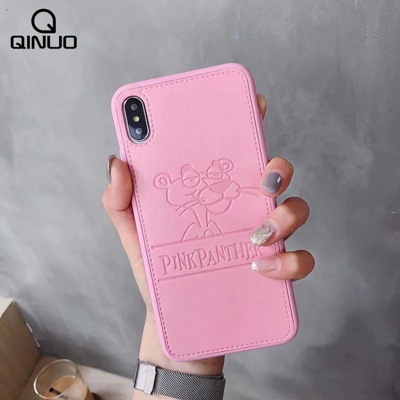 

For iPhone 8 7 Plus X XR XS Max Case Cartoon PU Leather Pink Panther Soft Cover For iPhone 6 6S 7 Plus High Quality Lovely Funda