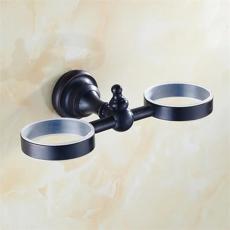 Cup & Tumbler Holders Brass Bathroom Toothbrush Holder Black Double Ceramic Cups Wall Mount Luxury Bathroom Accessories