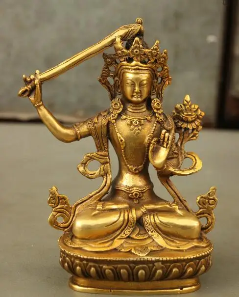 

S02008 6" Hold Evil Wit Sword Wenshu Manjushri Goddess Buddha Tibet Bronze Gilt Statue