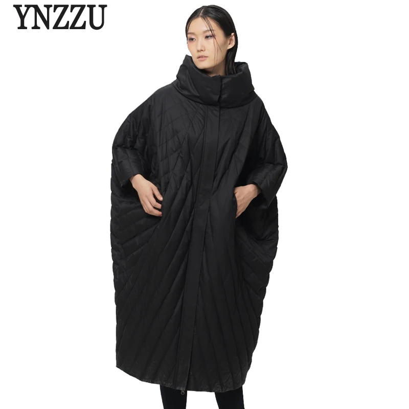 

YNZZU European Style New Winter Duck Down Jacket Women Loose Cocoon Style Stand Collar Warm Chic Down Coat Plus Size AO353