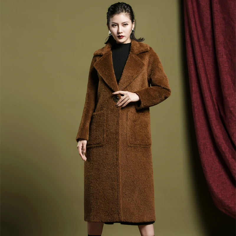 MASSRY Новое Женское пальто из шерсти альпаки женская верхняя одежда на одной пуговице длинное высококачественное плотное зимнее теплое шерстяное пальто с отворотом