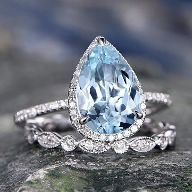 

Fashion Big Blue/White Water Drop Stone Rings Set For Wedding Engagement Jewelry Crystal Zircon Ring Bague Femme Anillos L5D114