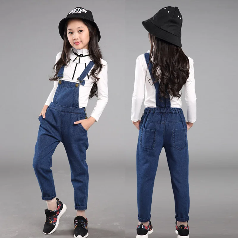 

Spring Autumn Fashion Girls White Shirt + Strap Jeans 2 Pcs  Clothes Suits Cotton Kids Clothes Children Clothing Sets