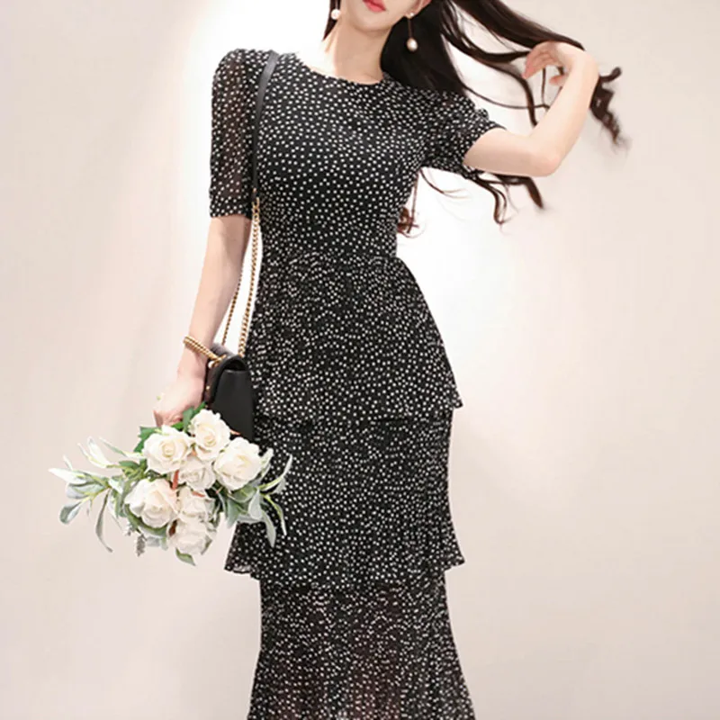 

2019 New Women Summer Cascading Ruffles Cake Dress Women Slim Chiffon Dresses Ruched Polka Dot Casual Long Vestidos