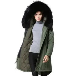 Новые Армейский Зеленый Длинные Стиль mr зимние пальто с мехом, реальная енота черный coolar, 100% хлопок Зимние Mrs куртка заводская цена пальто