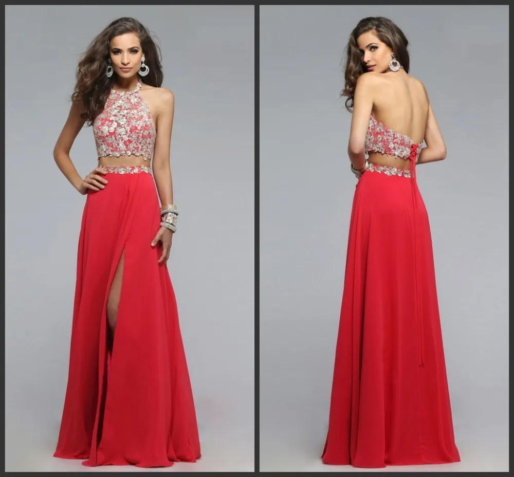 Two Pieces Prom Dresses Red Halter Neck Chiffon with High Quality Lace