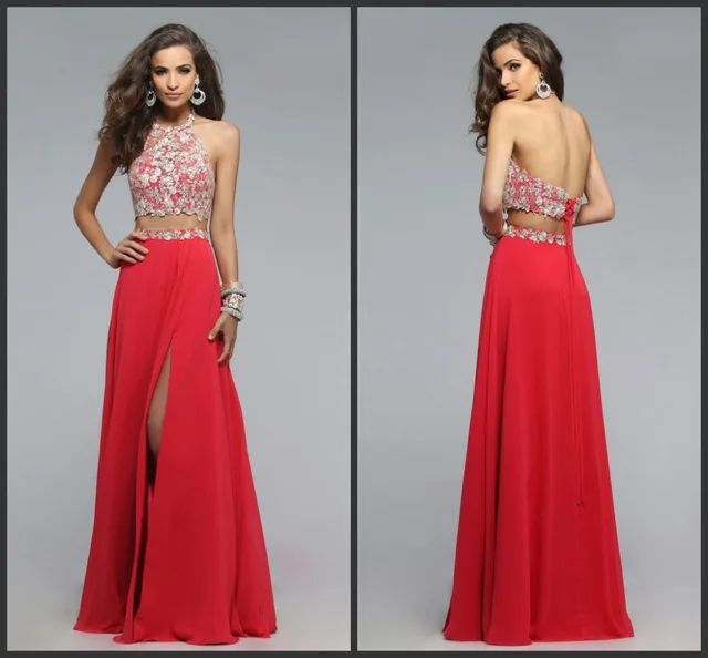 Halter Prom Dress Red Chiffron