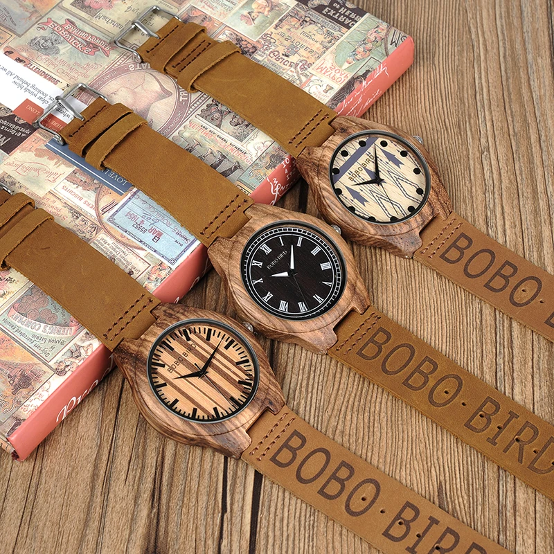 BOBOBIRD Mens Wooden Wristwatch Causal Quartz Watch with Branded Brown Leather in Gift Box