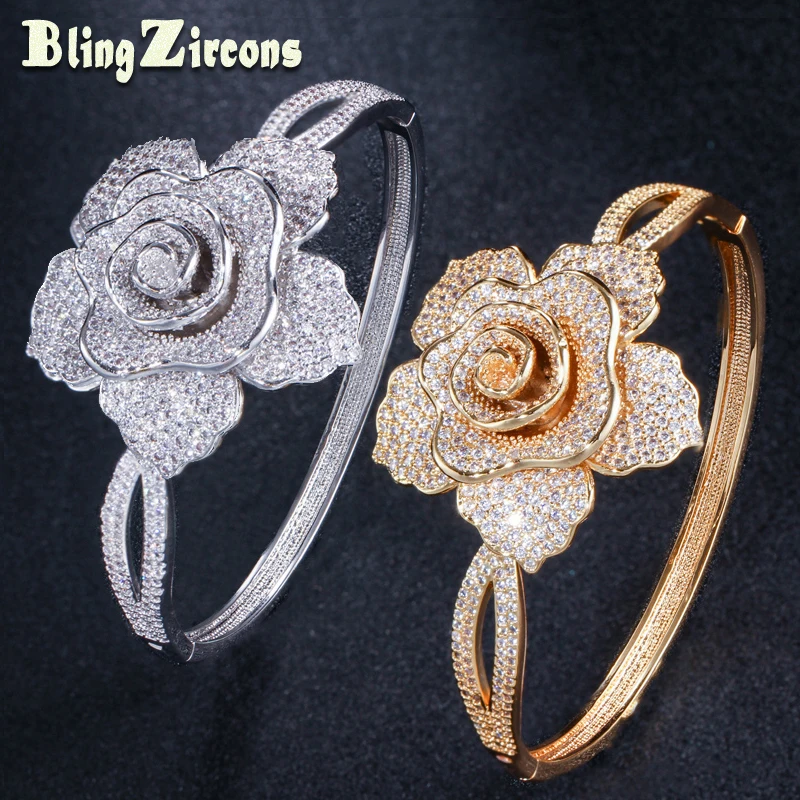 

BeaQueen Nigerian African Gold Color Open Cuff Bangles Elegant Big Flower Micro Pave Cubic Zirconia Stone Women Jewelry B148