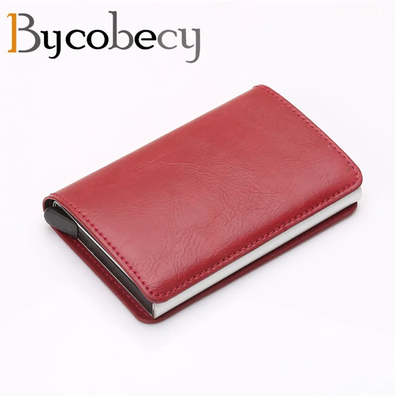 

BYCOBECY RFID Aluminium Alloy Credit Card Holder PU Leather Card Wallet Automatic Pop Up Card Case Card Holder for Men Women