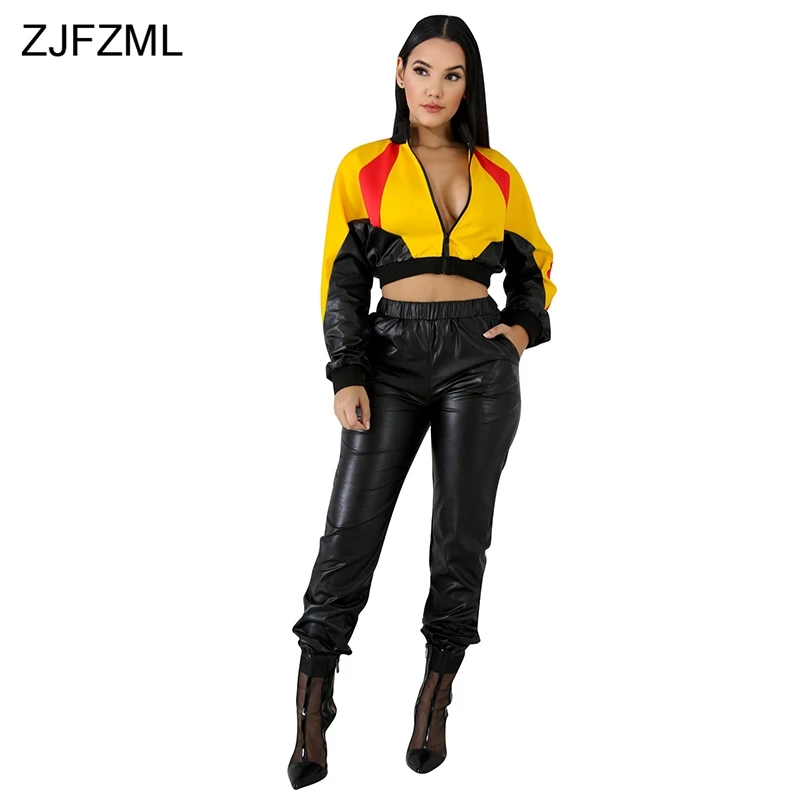Buy PU Leather Sexy Two Piece Set Women Color Block