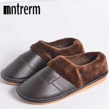 Mntrerm/Новые Домашние тапочки; Мужская зимняя обувь из натуральной кожи; теплые тапочки для влюбленных; обувь на плоской подошве; нескользящие мужские плюшевые тапочки; большие размеры