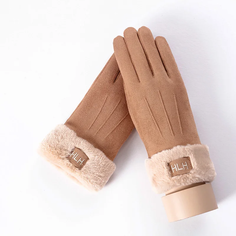 Женские зимние теплые кашемировые рукавицы с тремя ребрами милого медведя, двойные толстые плюшевые наручные замшевые кожаные перчатки для вождения с сенсорным экраном C4 - Цвет: B Khaki