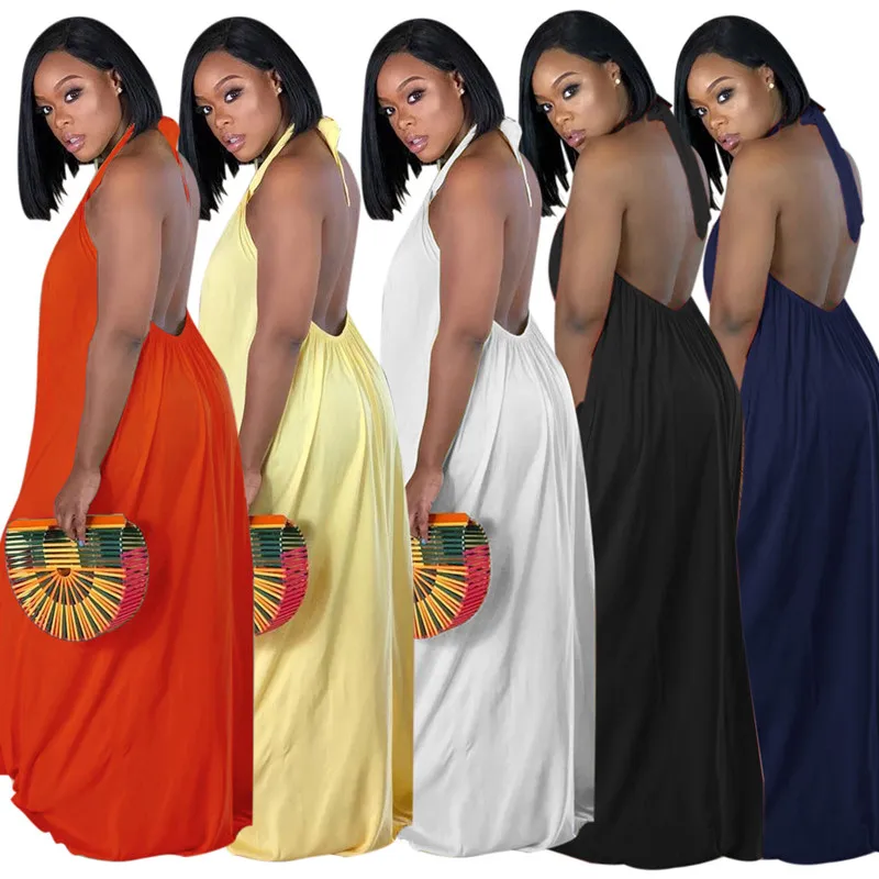 

Summer Women's Dresses Bohemian Style Floor Length Dress High Waist Sleeveless Backless Loose Halter Candy Color Dress Plus Size