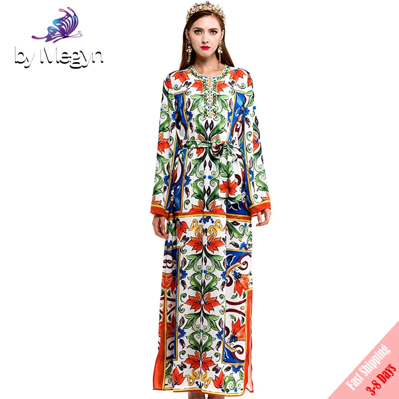 High Quality Designer Maxi Dress 2017 New Fall Women's Elegant Split Boho Beach Loose Beading Floral Print Long Dress Free DHL long-floral-maxi : image High Quality Designer Maxi Dress 2017 New Fall Women's Elegant Split Boho Beach Loose Beading Floral Print Long Dress Free DHL long-floral-maxi