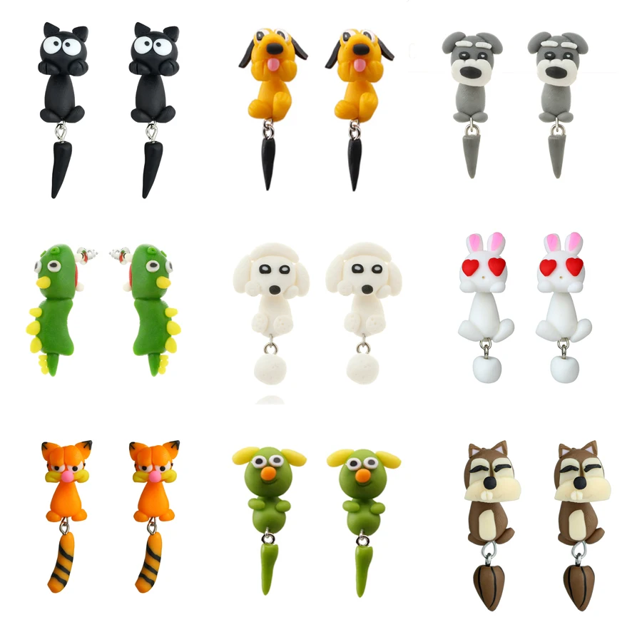 098 43 De Réductiontocona 12style Mignon 3d Dessin Animé Chat Chien Lapin Piranha écureuil Renard Pingouin Animaux Stud Boucle Doreille Fimo