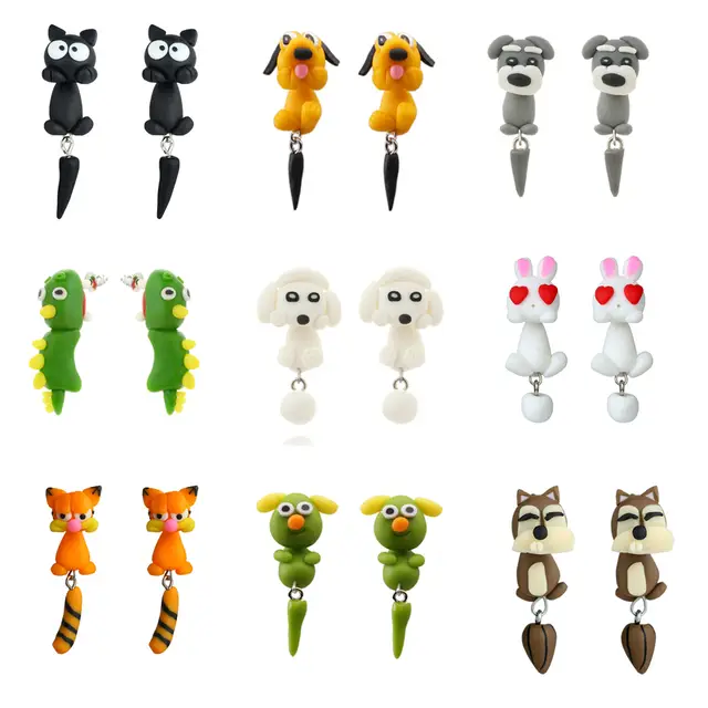 098 43 De Réductiontocona 12style Mignon 3d Dessin Animé Chat Chien Lapin Piranha écureuil Renard Pingouin Animaux Stud Boucle Doreille Fimo