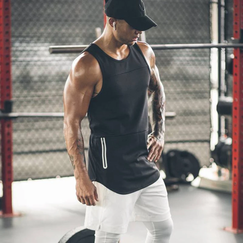 Jogging Running Vest Sports Top Men Long Shirt Sleeveless Male Fitness