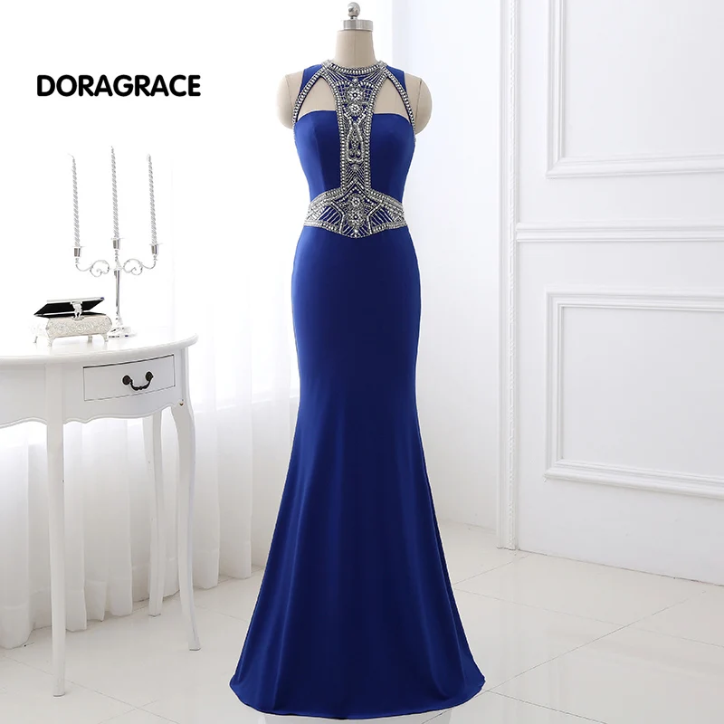 

DORAGRACE New Arrival Elegant Beaded Floor-Length Royal Blue Mermaid Prom Gowns Long Evening Dresses DGE071