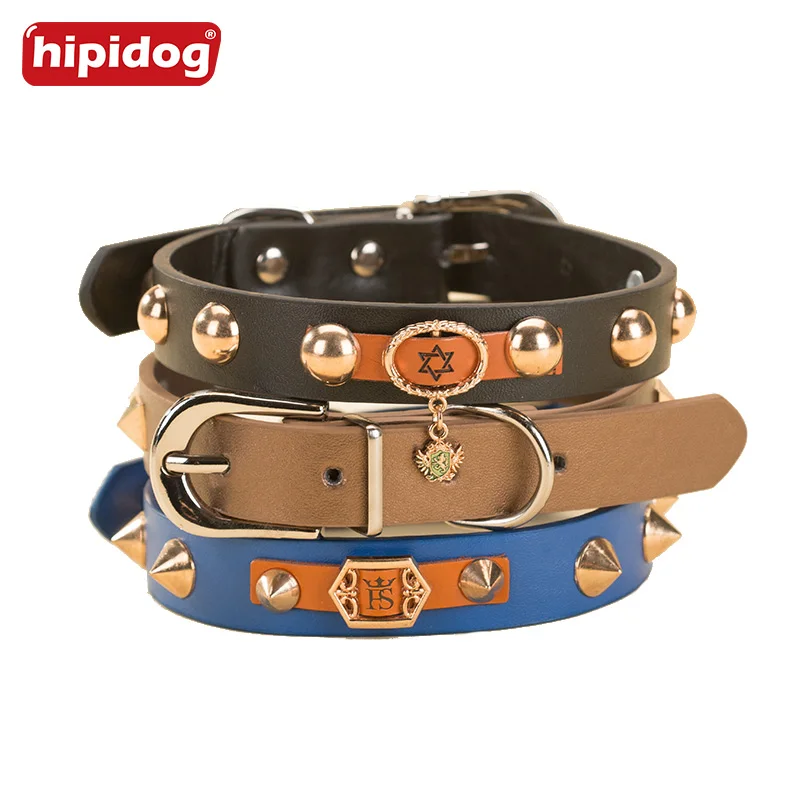 Hipidog PU Leather Adjustable Dog Rivet Collar Stainless Steel Puppy