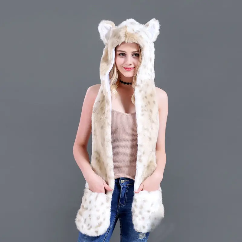 10 Styles Faux Fur Hood Animal Hat Ear Flaps Hand Pockets 3 in1 Animal Hat Wolf Plush Warm Earmuff Animal Cap with Scarf Gloves - Цвет: as picture