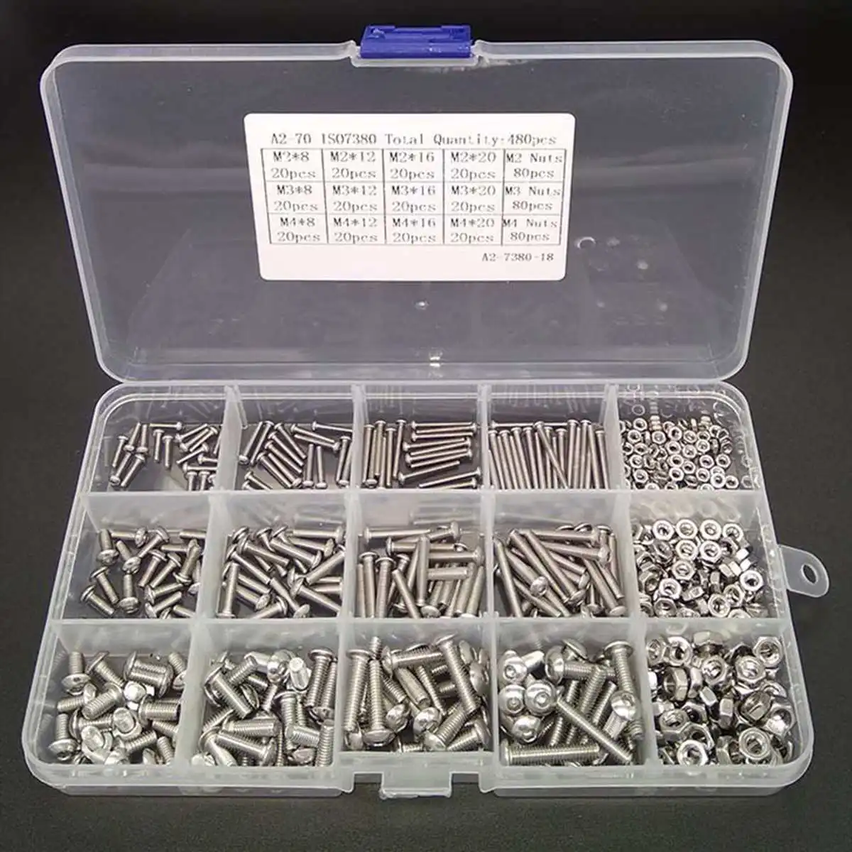 

480pcs/Lot M2 M3 M4 Button Head Hex Socket Screw Bolt Nut Stainless Steel 304 Screws Nuts Assortment Kit Fastener Hardware