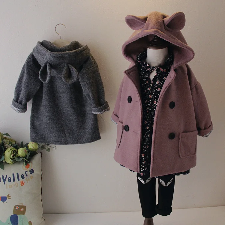 Куртки для девочек; однотонные зимние куртки с заячьими ушками для девочек; теплое пальто; зимний комбинезон; Верхняя одежда; двубортная шерстяная детская одежда с капюшоном