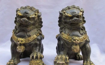 

China Classical Fengshui Bronze Evil Guardian Foo Dog Lion Beast statue pair