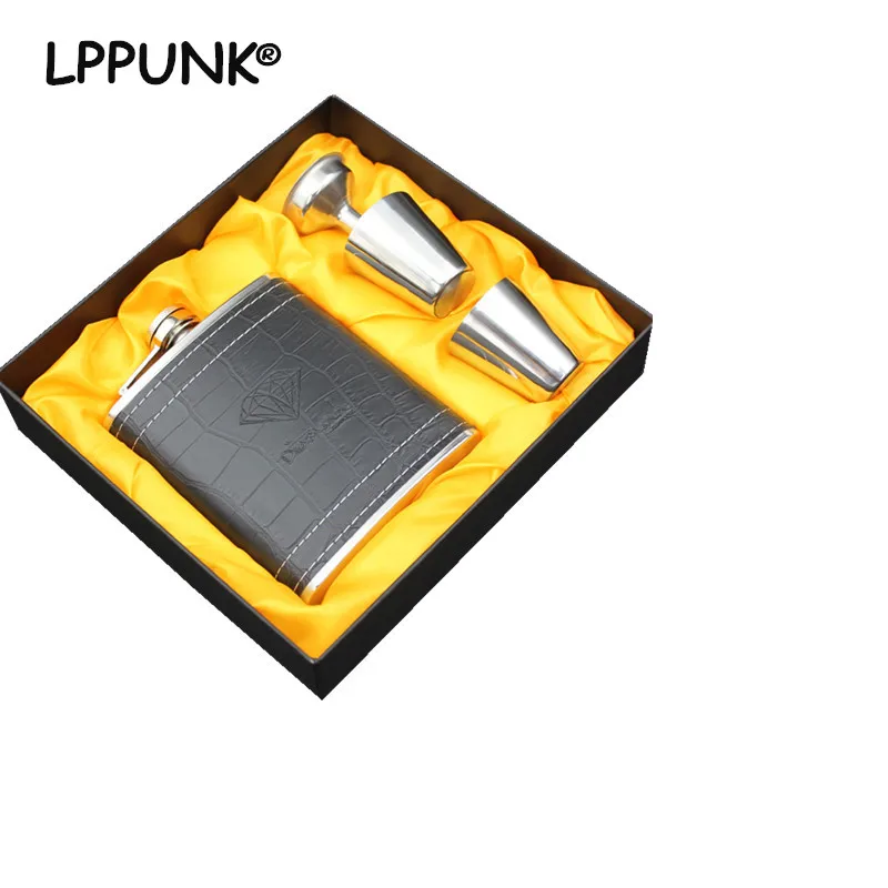 

Hot sale 7oz Stainless steel 304 vodka hip flask Whisky Moscow cccp alcohol Liquor flagon black pu leather warp gift box set