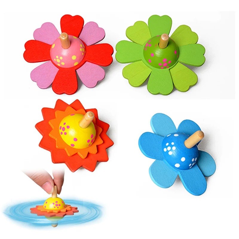 7.5cm Sun Flower Spinning Top Toys For Children Colorful Wooden