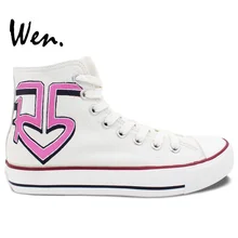 Вэнь ручной росписью обувь белый Дизайн нестандартная обувь R5 высокие Для женщин девочек холст кроссовки
