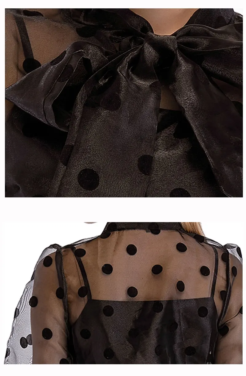 Onlyplus, блуза в горошек с бантом, женские свободные топы с длинным рукавом, органза, сексуальная повседневная черная прозрачная блузка