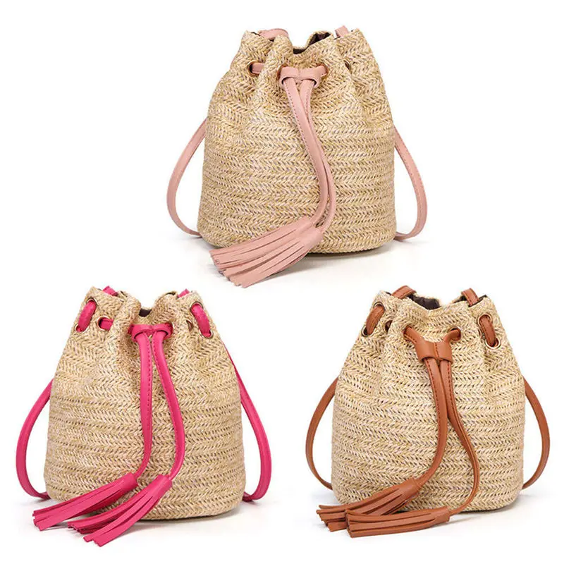 Beach Solid String Mini Bucket Bags Female Summer Knitting Straw Bags