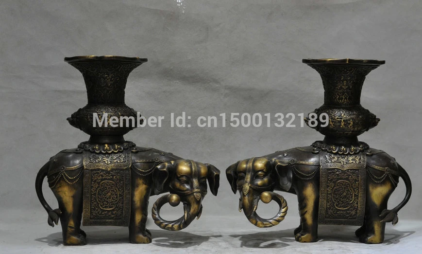 

xd 0090 14' Chinese Fengshui Folk Bronze Animal Elephant Flower Bottle Vase Statue Pair