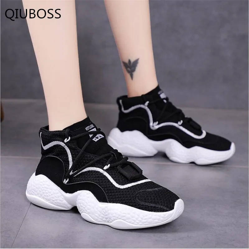 

QIUBOSS New Designer Fashion Women Casual Shoes Mesh Leather Platform Women Shoes High-top Sneakers Ladies Chaussure Femme Q654