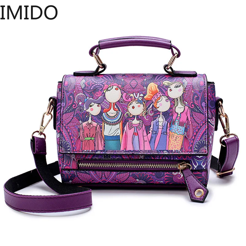 

IMIDO Fashion Women Leather Messenger Bag National Style Flower Print Handbag Ladies Small Crossbody Bags Women Shoulder Bags